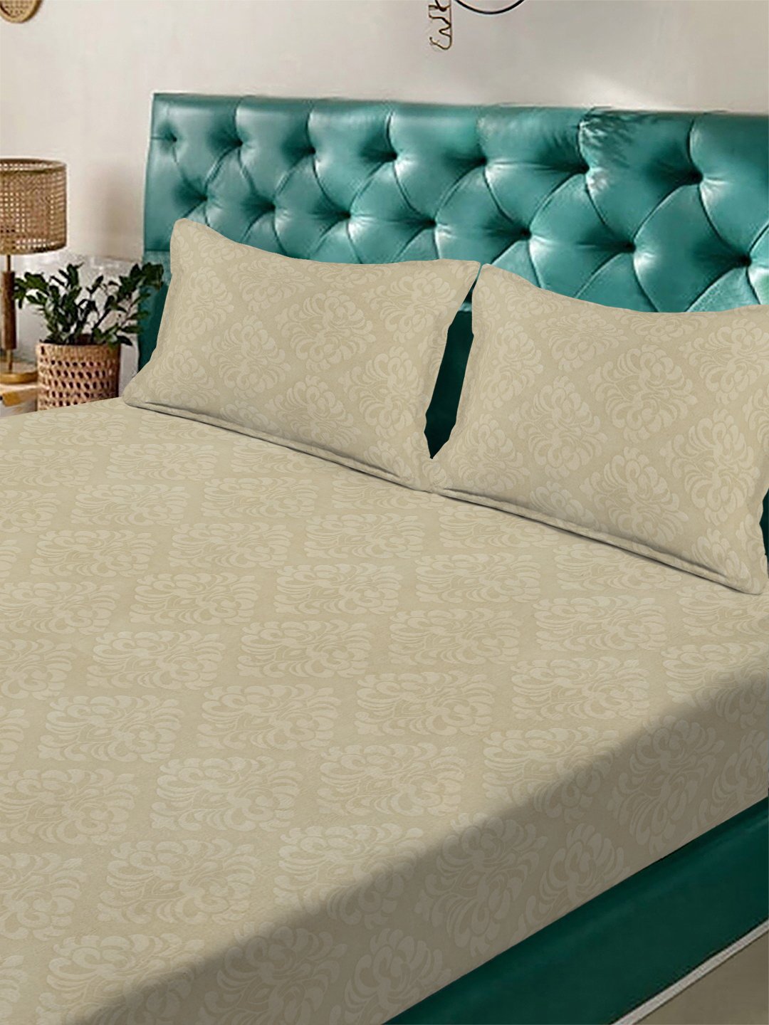 Beige Floral Embossed Cotton Blend Fitted Double Bedsheet with 2 Pillow Covers
