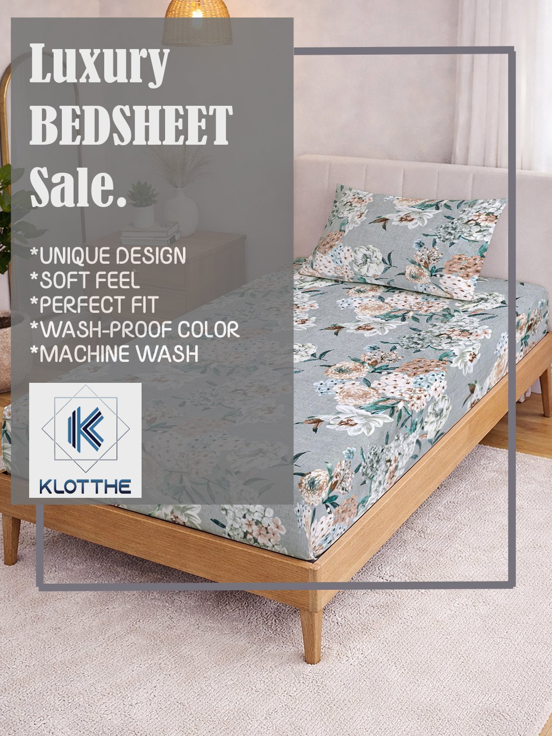 Grey Floral Cotton Blend Single Bedsheet with Pillow Cover