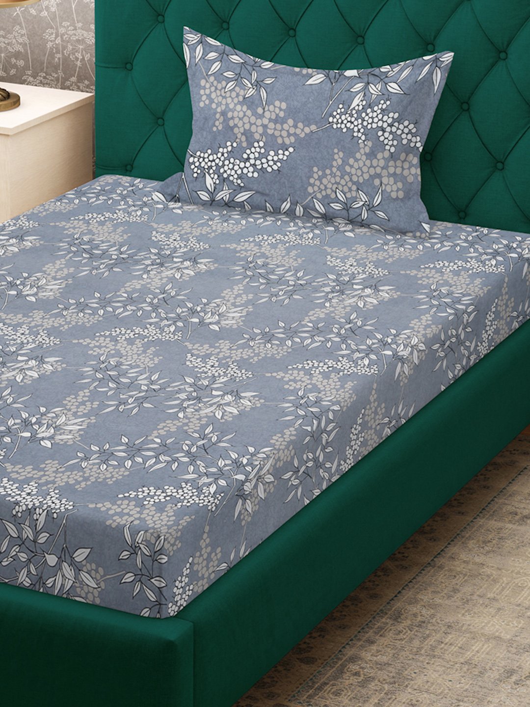 Grey Floral 300 TC Cotton Blend Single Bedsheet with Pillow Cover