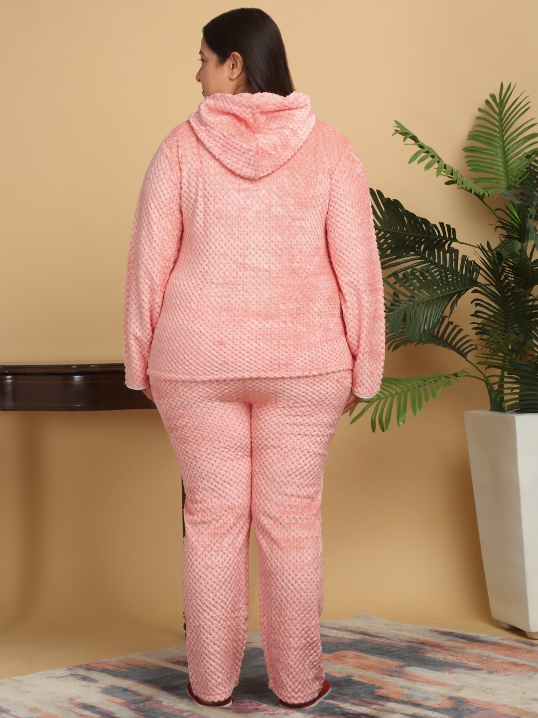 Women Orange Solid Hooded Woolen Night Suit