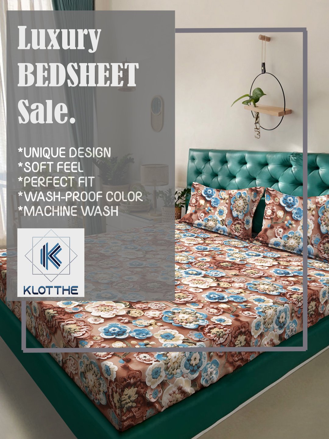 Brown Floral 7D King Size Cotton Blend Fitted Double Bedsheet with 2 Pillow Covers