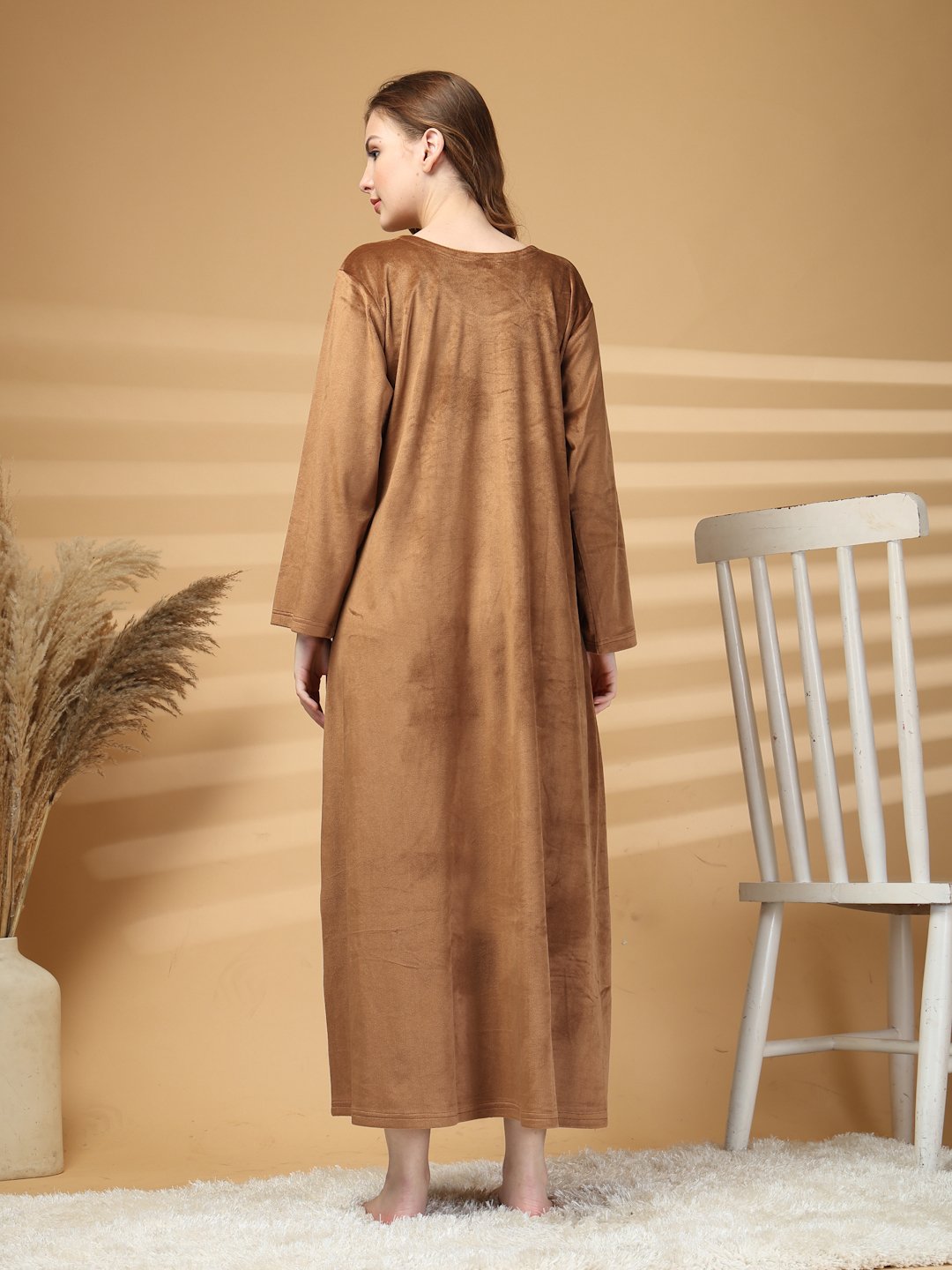 Klotthe Brown Solid Soft touch Velvet Maxi Nightdress