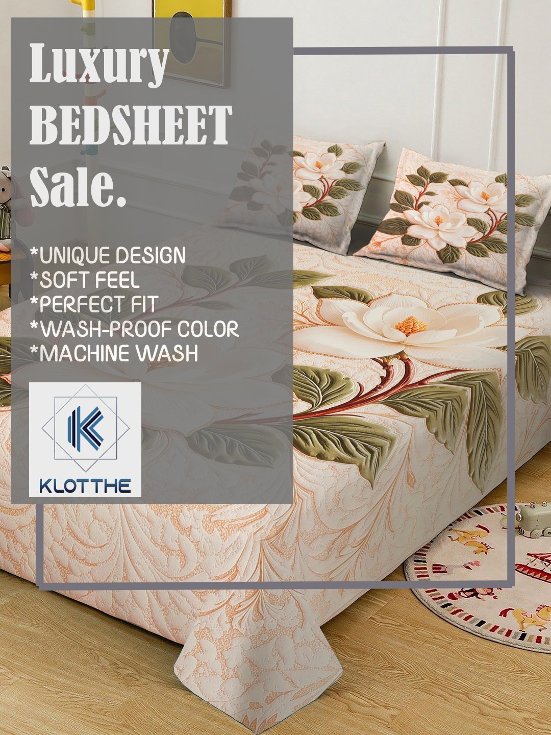 Cream Digital Floral Printed Cotton Blend Double Bedsheet with 2 Pillow Covers