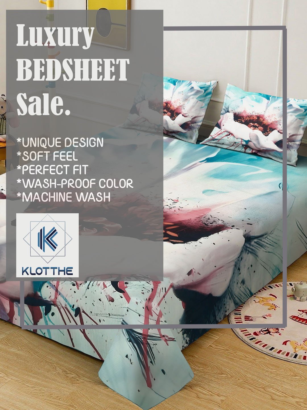 Multi Digital Floral Printed Cotton Blend Fitted Double Bedsheet with 2 Pillow Covers