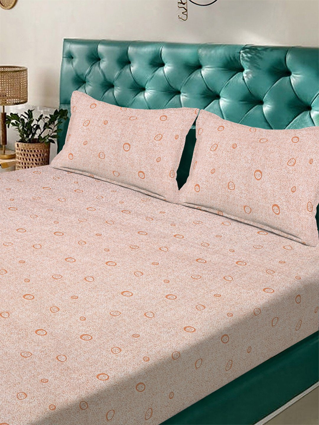 Orange Geometric 300 TC Cotton Blend Fitted Double Bedsheet with 2 Pillow Covers