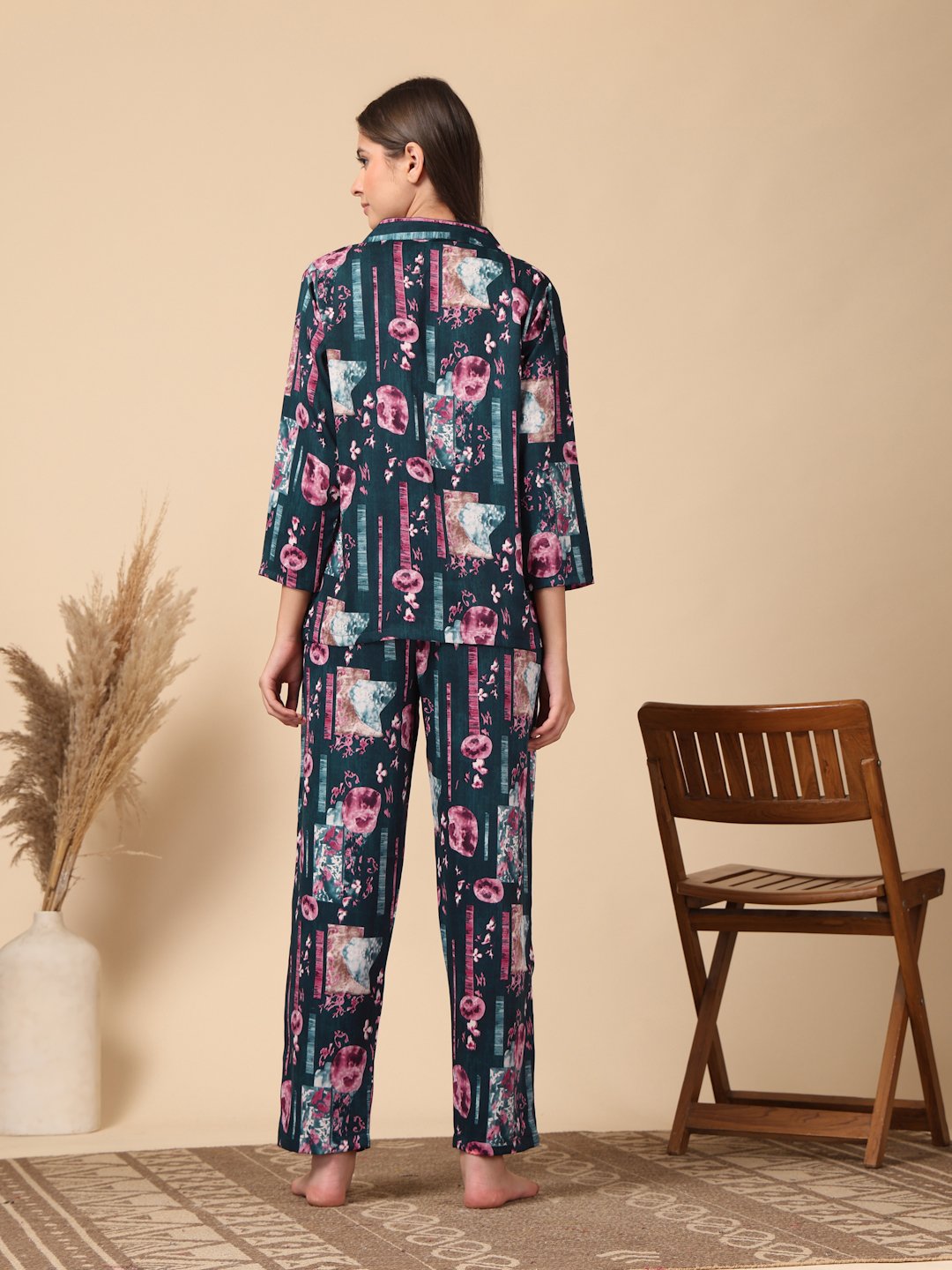 Turquoise Geometric Cotton Blend Women Night Suit