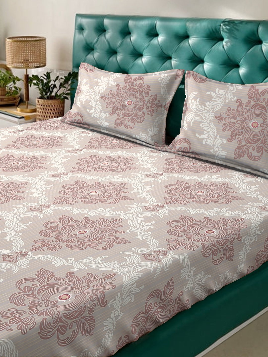 Multi Ethnic Motifs  300 TC Cotton Blend Fitted Double Bedsheet with 2 Pillow Covers