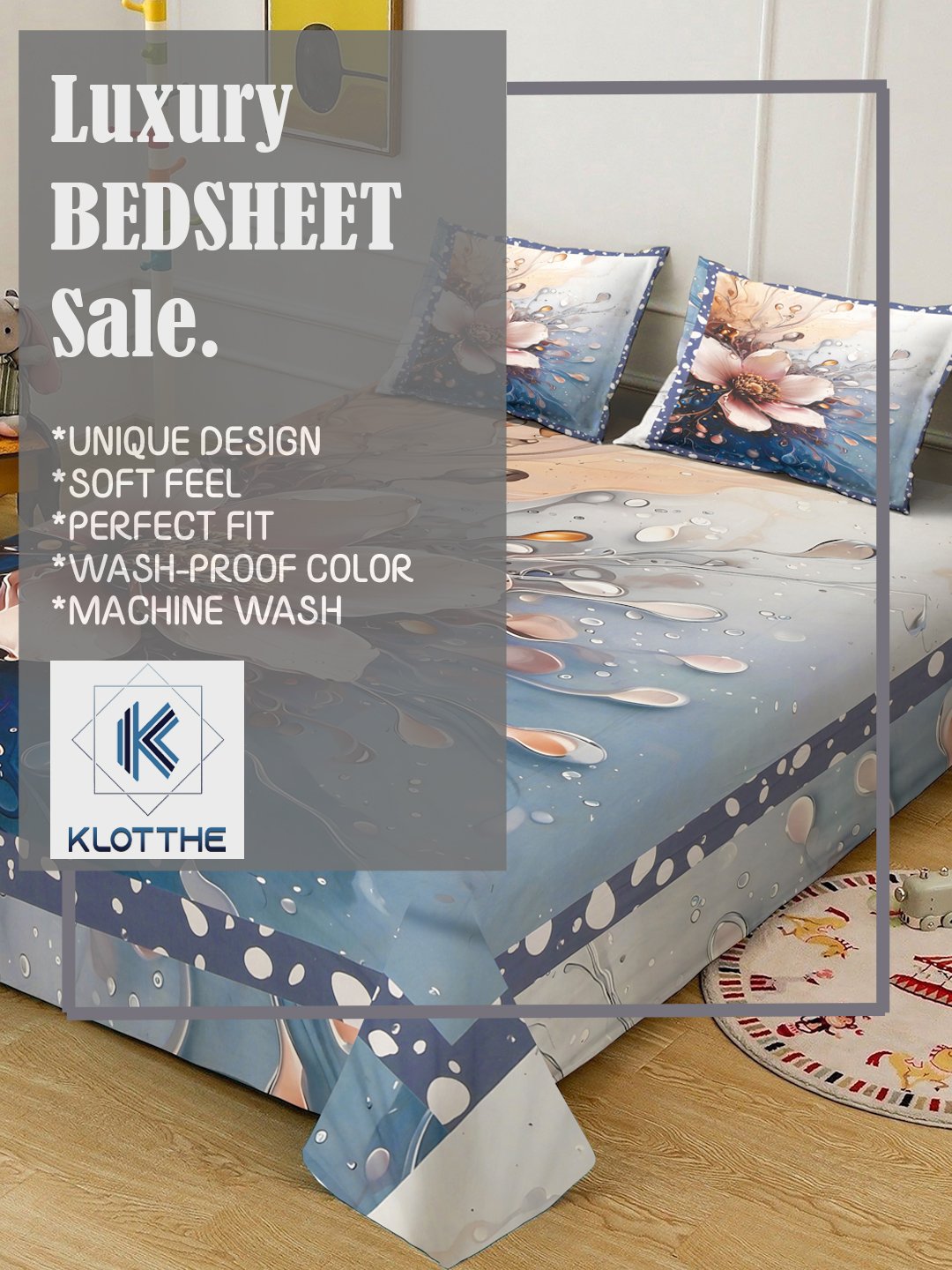 Blue Digital Floral Printed Cotton Blend Fitted Double Bedsheet with 2 Pillow Covers
