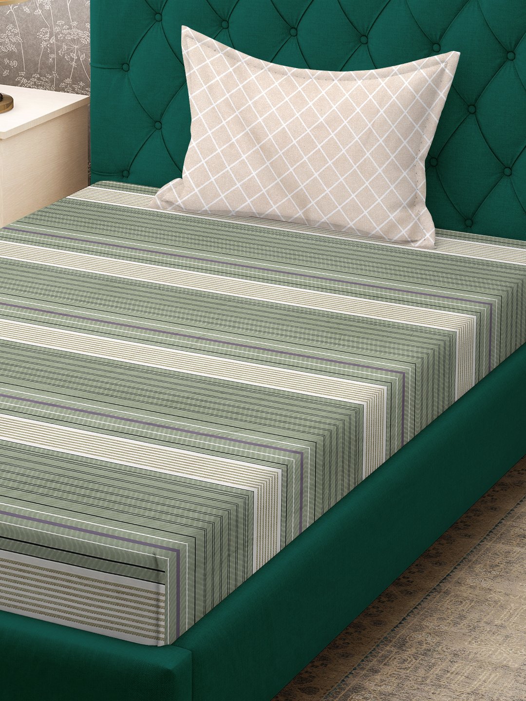 Green Striped 300 TC Cotton Blend Fitted Single Bedsheet Set in Book Fold Packing