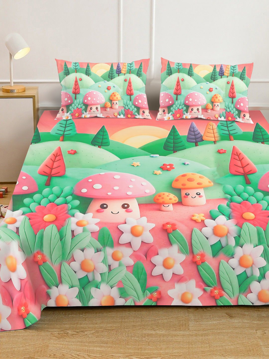 Green 7D Cartoon Characters Printed Cotton Blend Double Bedsheet with 2 Pillow Covers