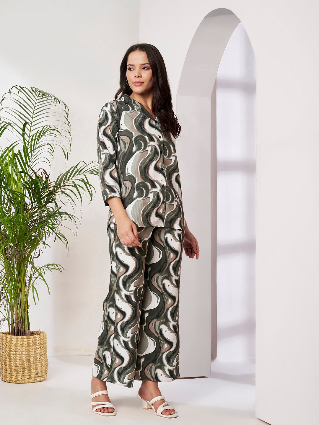 Olive Cotton Printed Shirt With Trousers Co-Ords Set