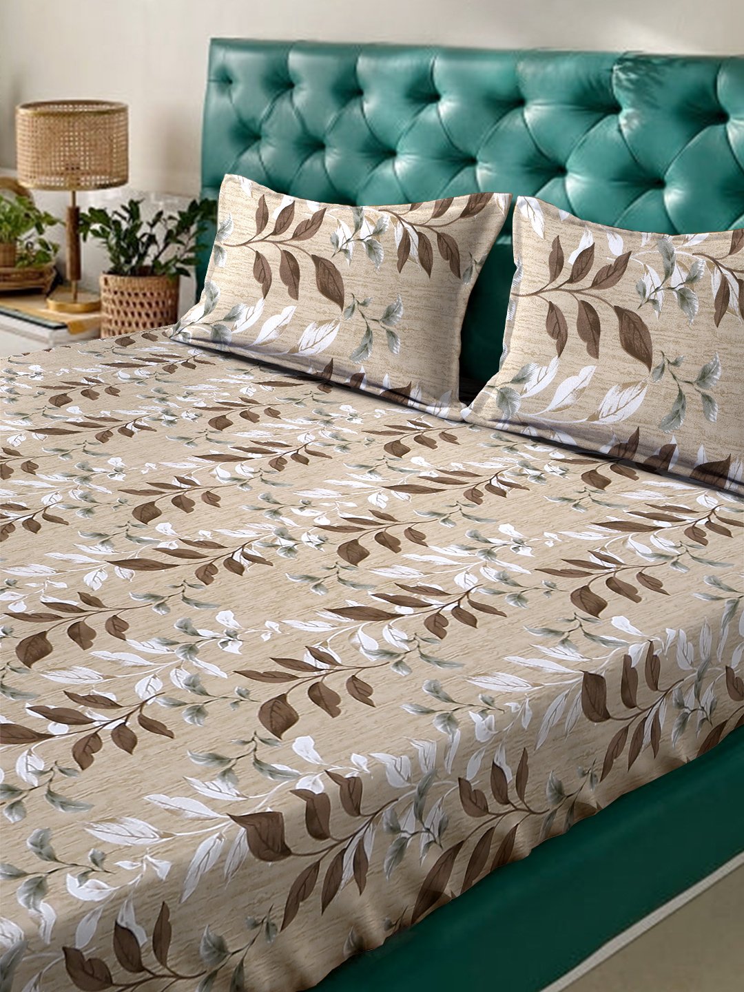Beige Floral 400 TC Pure Cotton Fitted Double Bedsheet with 2 Pillow Covers