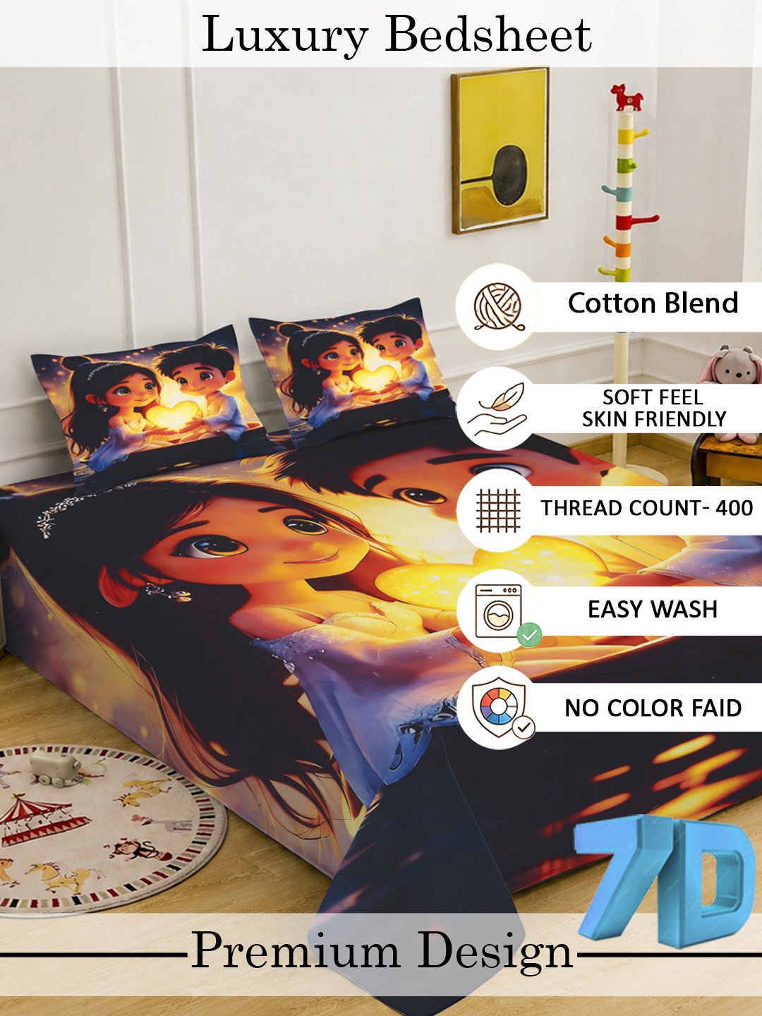 Digital Multi Graphic Cotton Blend Fitted Double Bedsheet with 2 Pillow Covers