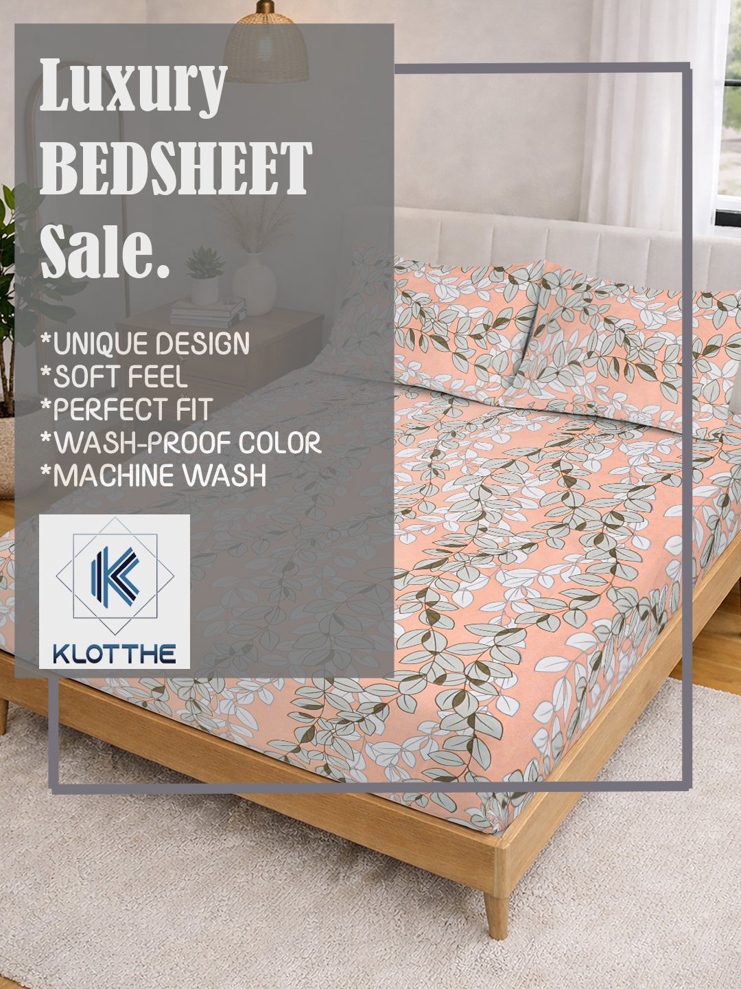Orange Floral Cotton Blend Fitted Double Bedsheet with 2 Pillow Covers