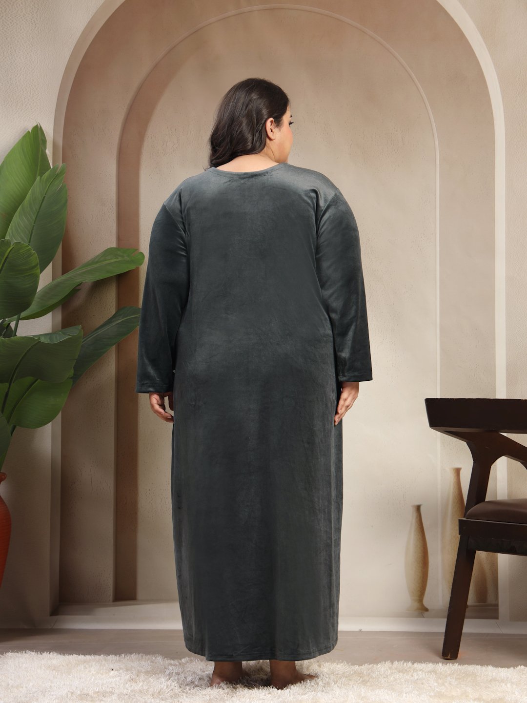 Klotthe Grey Solid Soft touch Velvet Maxi Nightdress