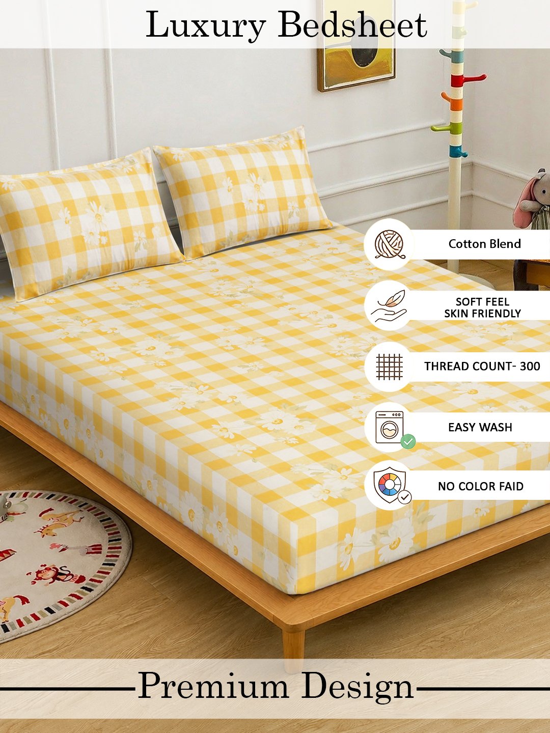 Yellow Floral Cotton Blend Double Bedsheet with 2 Pillow Covers