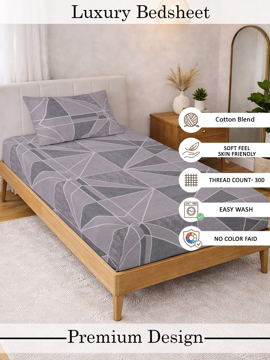 Purple Geometric Cotton Blend Fitted Single Bedsheet with Pillow Cover