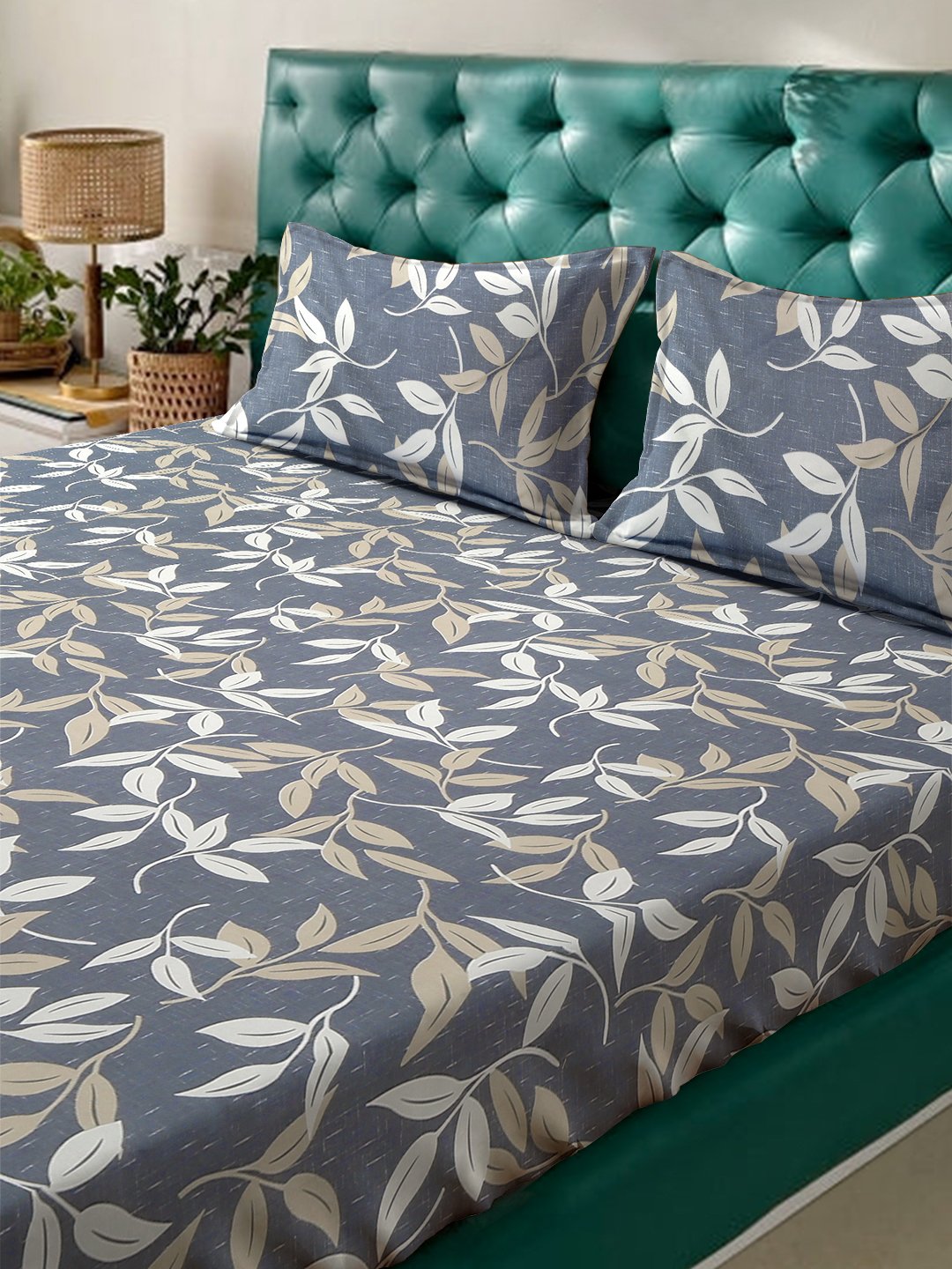 Grey Floral 300 TC Cotton Blend Double Bedsheet in Book Fold Packing