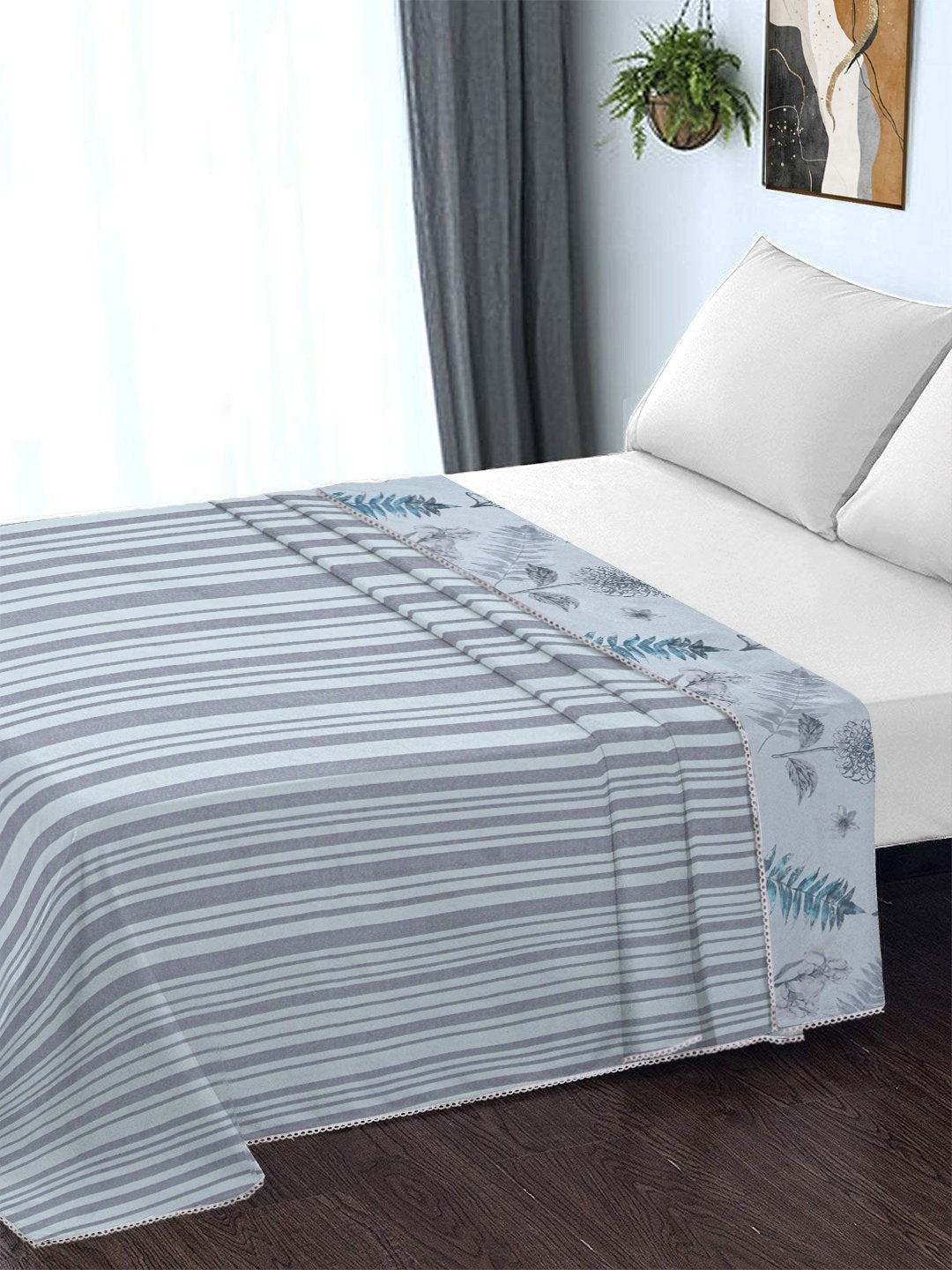 Grey Cotton Blend Floral Double Bed Dohar