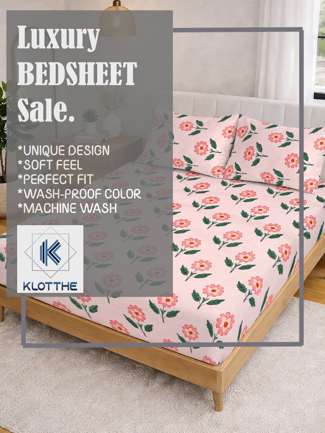 Pink Floral Cotton Blend Double Bedsheet with 2 Pillow Covers