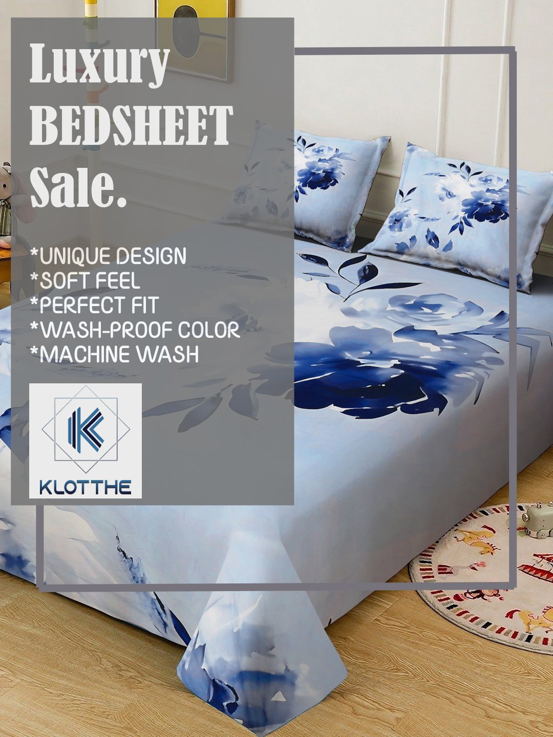 Blue Digital Floral Printed Cotton Blend Double Bedsheet with 2 Pillow Covers