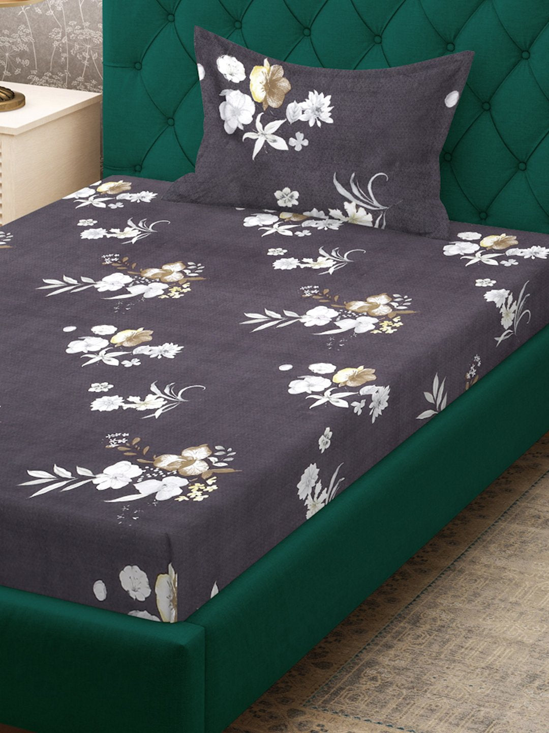 Brown Floral 300 TC Cotton Blend Single Bedsheet with Pillow Cover