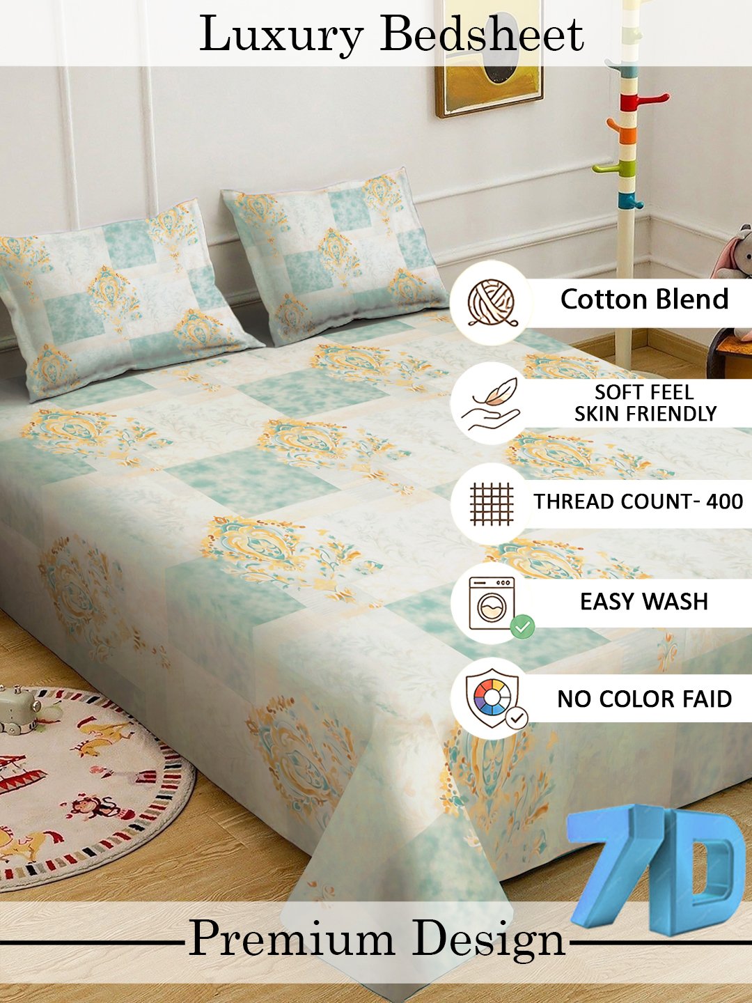 Green Digital Geometric Printed Cotton Blend Double Bedsheet with 2 Pillow Covers