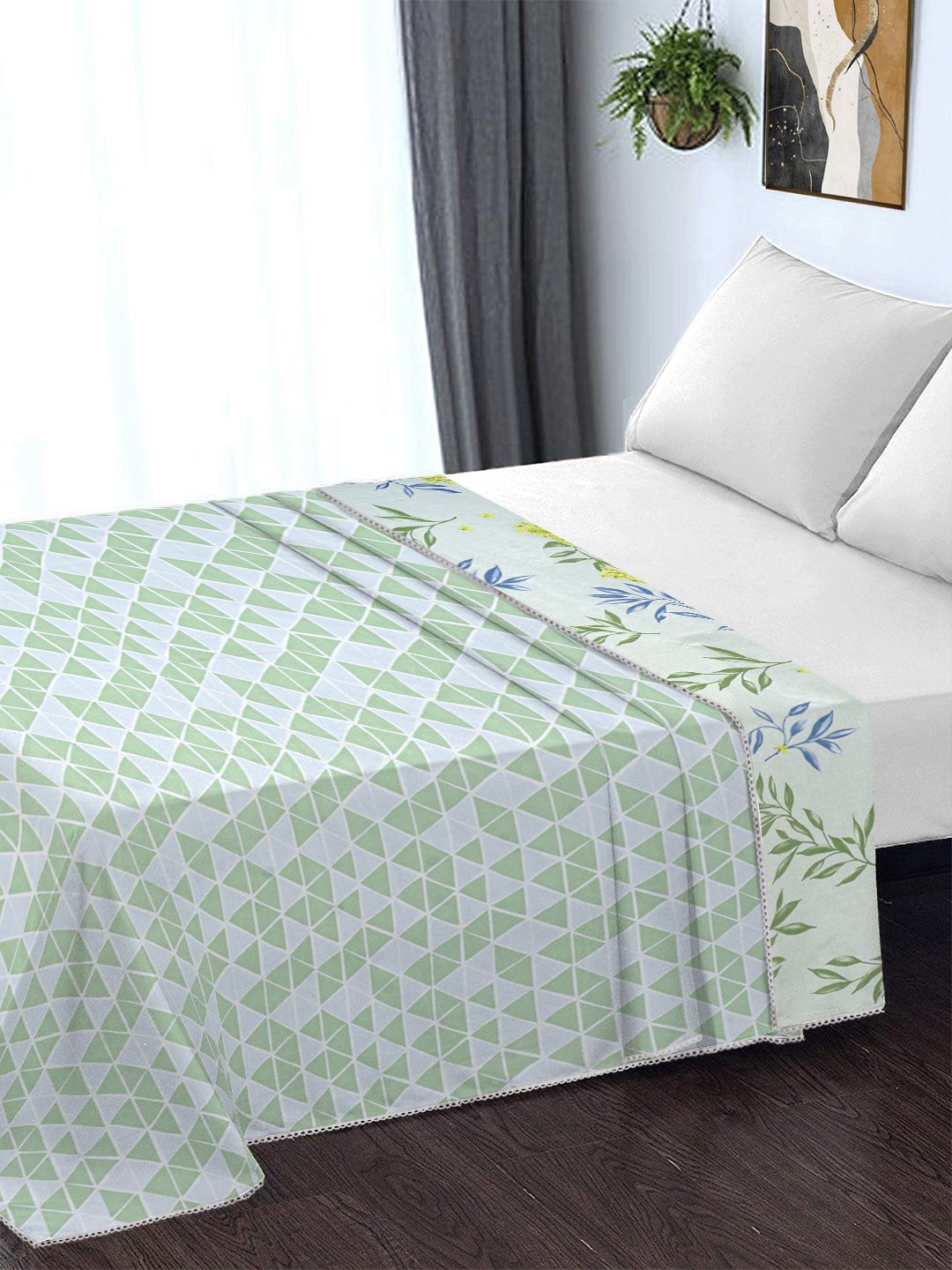 Green Cotton Blend Floral Double Bed Dohar