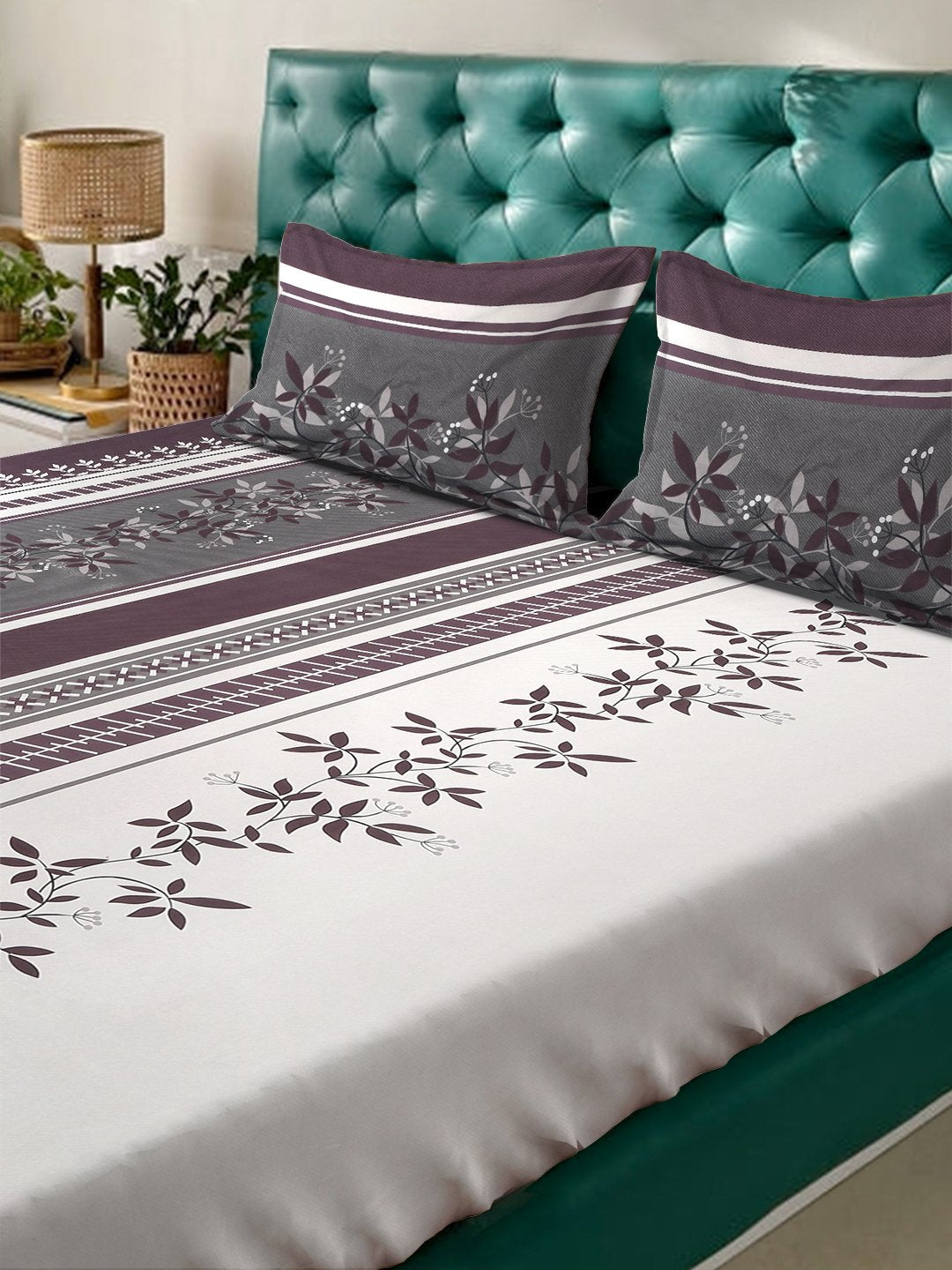 Multi Floral  300 TC Cotton Blend Fitted Double Bedsheet with 2 Pillow Covers