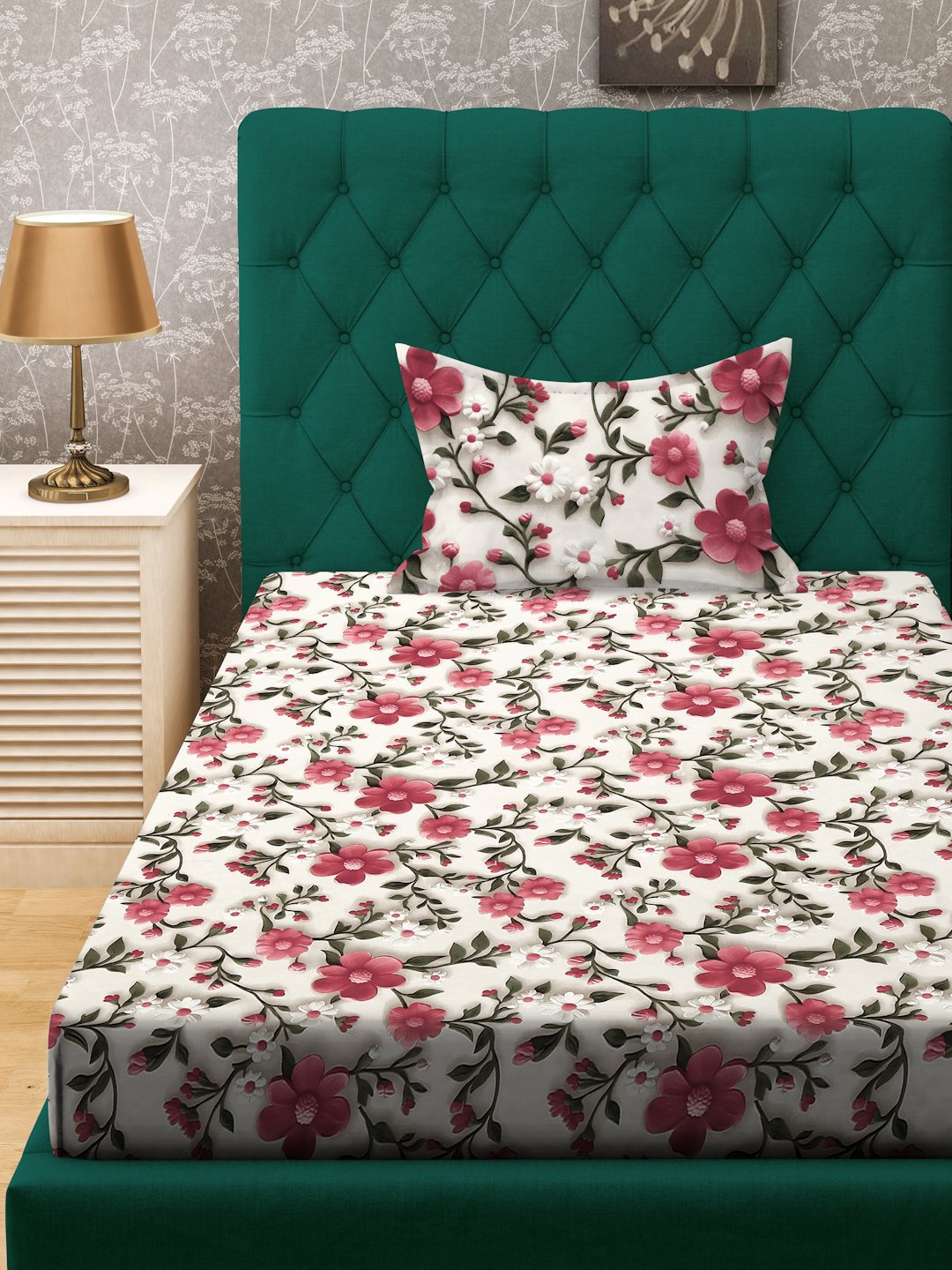 Cream Floral 7D Cotton Blend Single Bedsheet with Pillow Cover