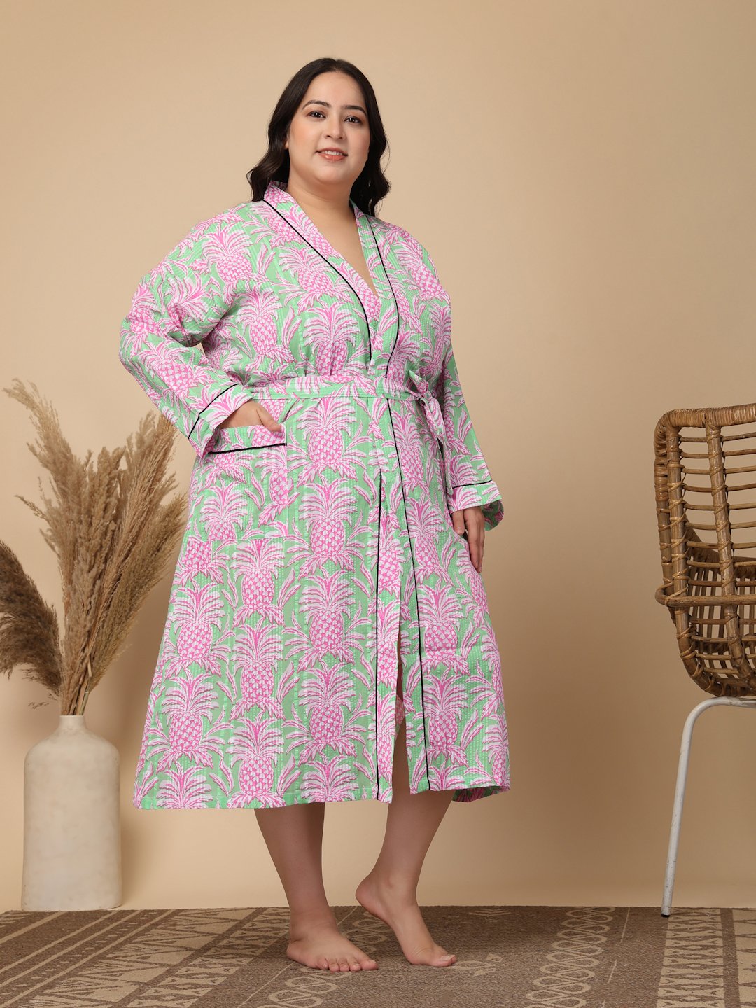 Women Printed Green Floral Plus Size Pure Cotton Bath Robe With Belt
