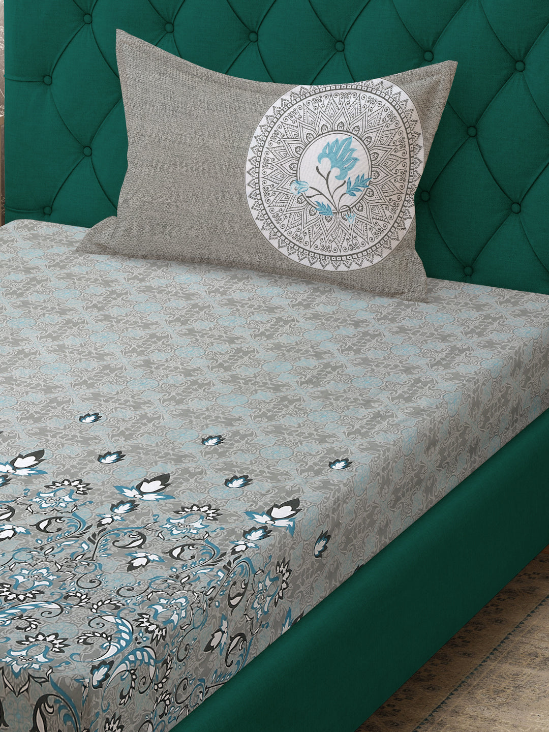 Klotthe Grey Floral 400 TC Pure Cotton Single Bedsheet with Pillow Cover