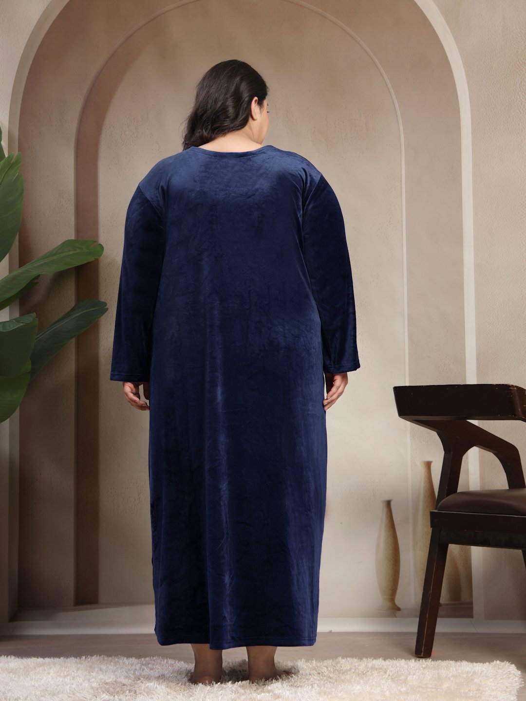 Klotthe Blue Solid Soft touch Velvet Maxi Nightdress
