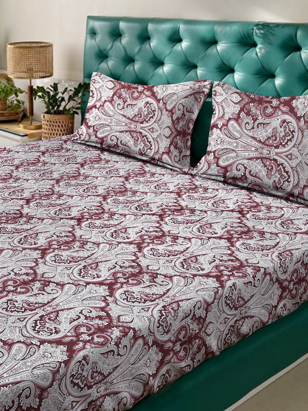 Maroon Floral 400 TC Pure Cotton Fitted Double Bedsheet with 2 Pillow Covers