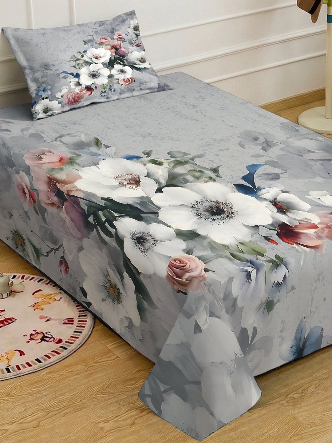 Grey Digital Floral Printed Cotton Blend Fitted Single Bedsheet with Pillow Cover
