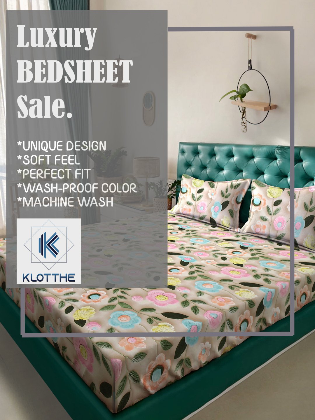 Beige Floral 7D King Size Cotton Blend Double Bedsheet with 2 Pillow Covers