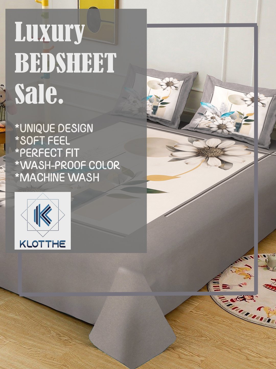 Grey Digital Floral Printed Cotton Blend Fitted Double Bedsheet with 2 Pillow Covers