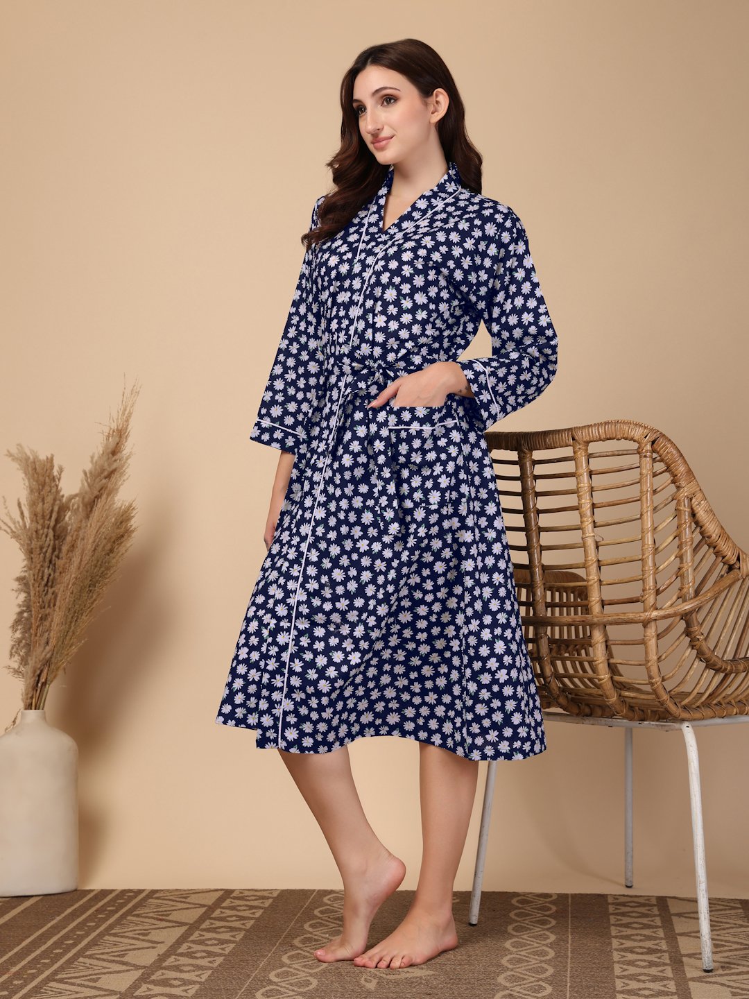 Women Printed Blue Floral Pure Cotton Bath Robe With Belt