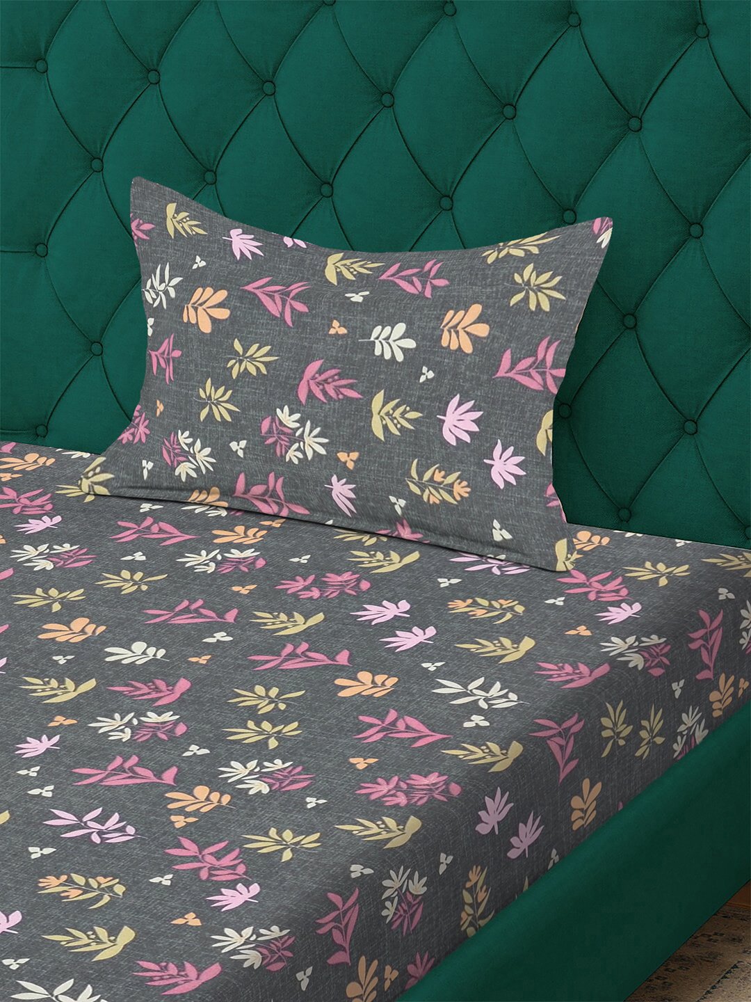 Grey Floral 300 TC Cotton Blend Fitted Single Bedsheet with Pillow Cover