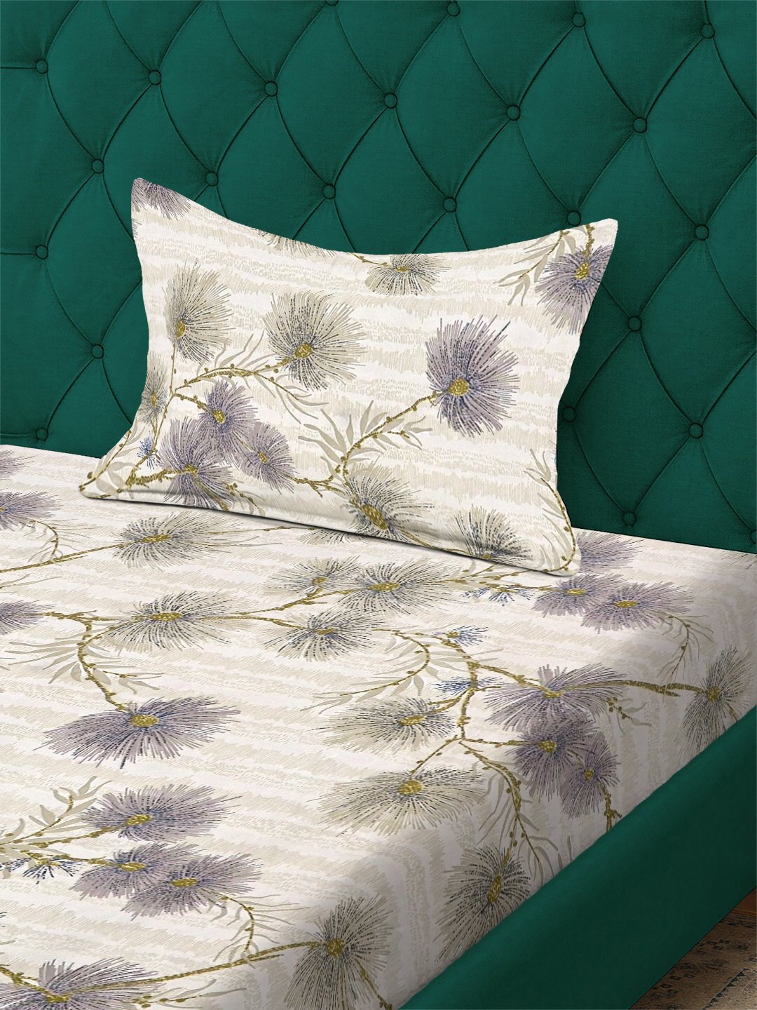 Beige Floral 300 TC Cotton Blend Single Bedsheet with Pillow Cover