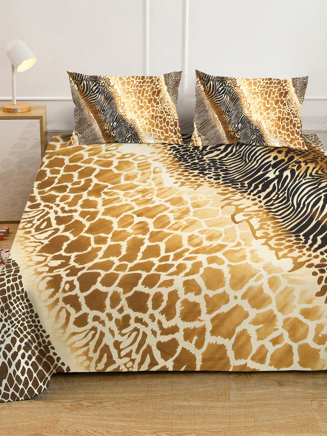 Brown 7D Geometric Printed Fitted Cotton Blend Double Bedsheet with 2 Pillow Covers
