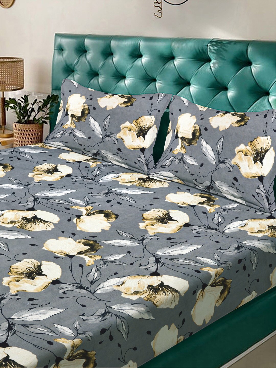 Grey Floral 300 TC Cotton Blend Fitted Double Bedsheet with 2 Pillow Covers