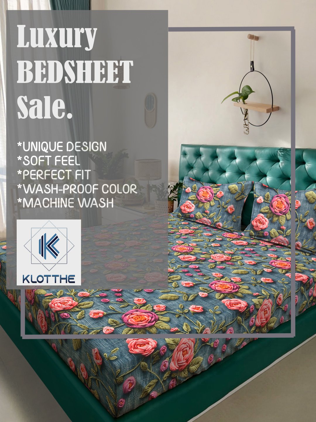 Turquoise Floral 7D King Size Cotton Blend Fitted Double Bedsheet with 2 Pillow Covers