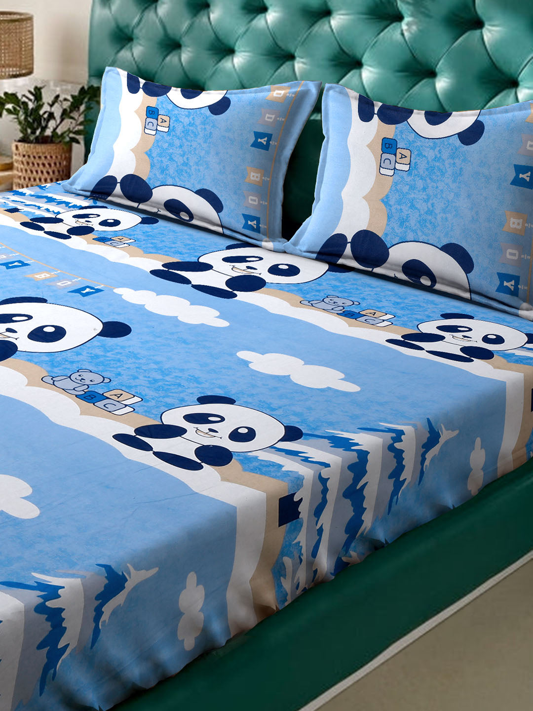 Klotthe SkyBlue Cartoon Characters 400 TC Pure Cotton Fitted Double Bedsheet with 2 Pillow Covers