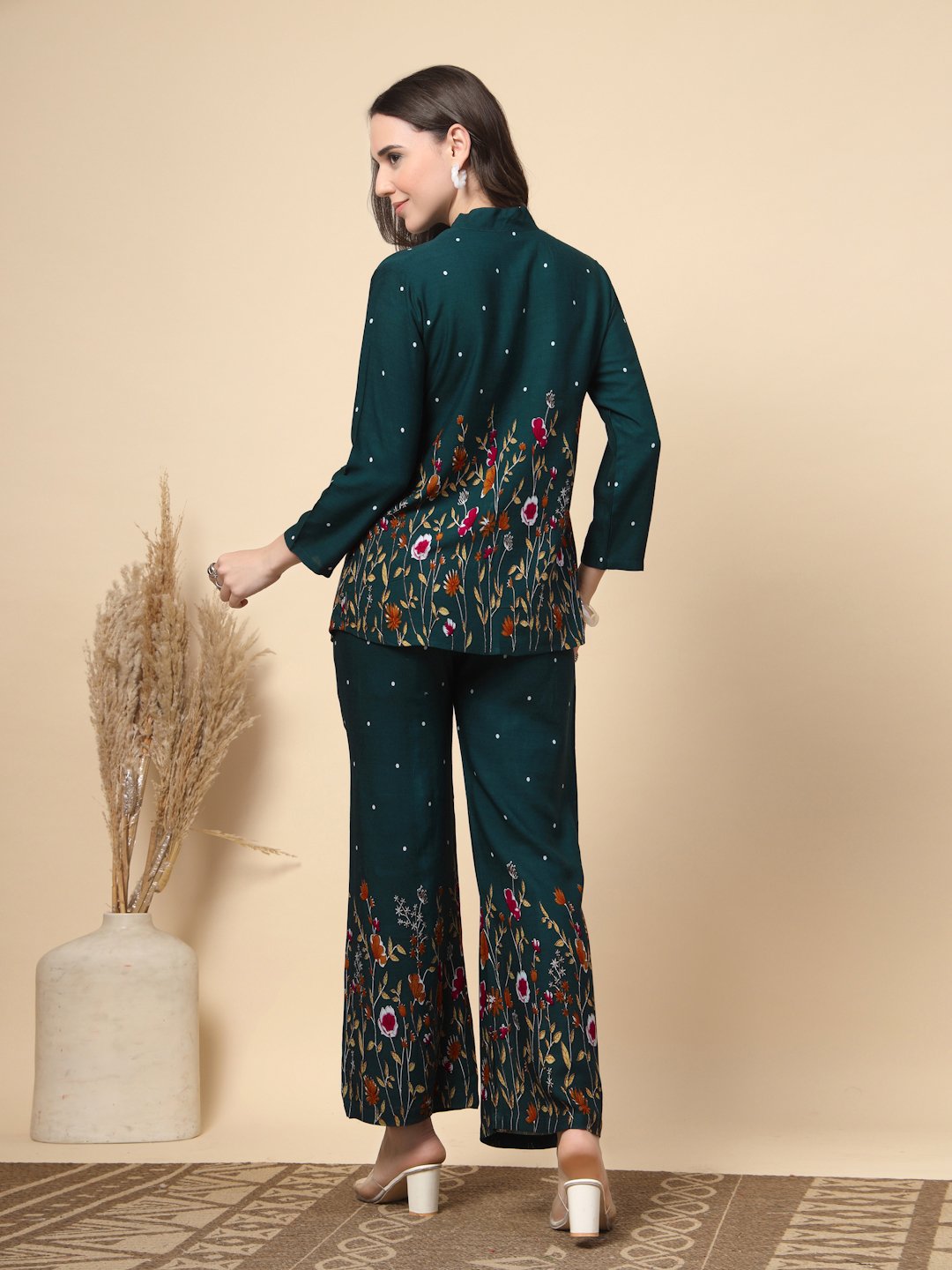 Green Cotton Printed Shirt With Trousers Co-Ords Set
