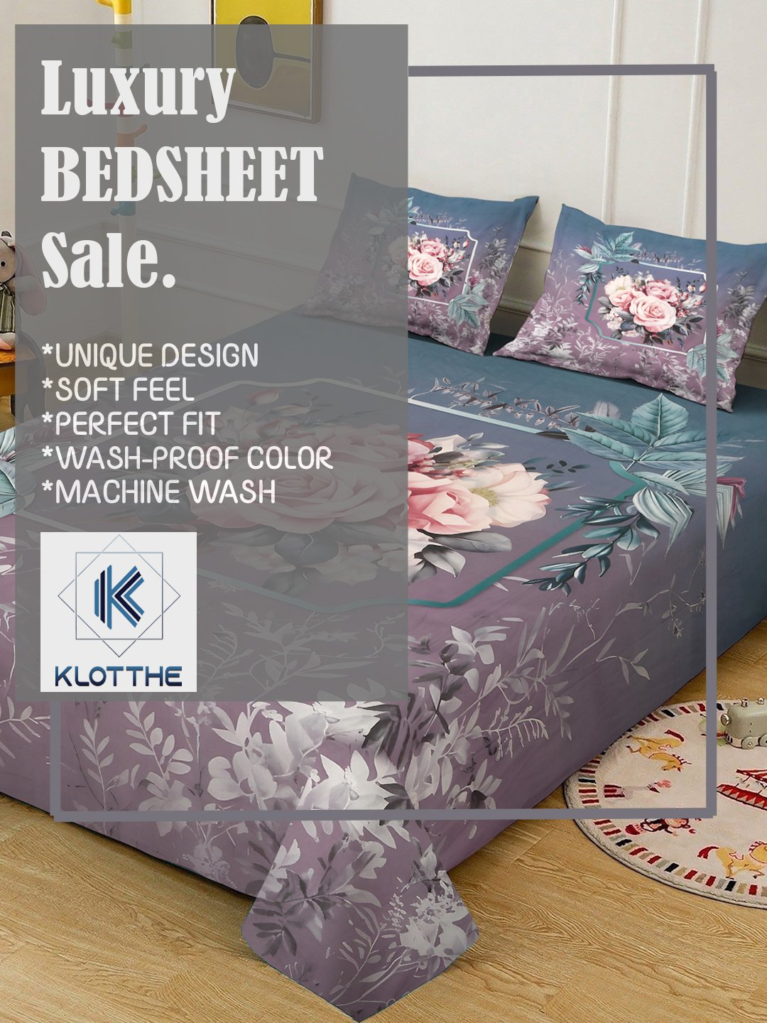Purple Digital Floral Printed Cotton Blend Double Bedsheet with 2 Pillow Covers