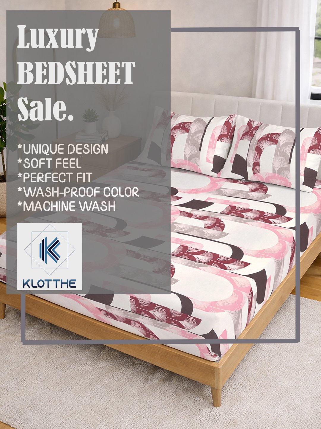 Multi Geometric Fitted Fitted Cotton Blend Double Bedsheet with 2 Pillow Covers