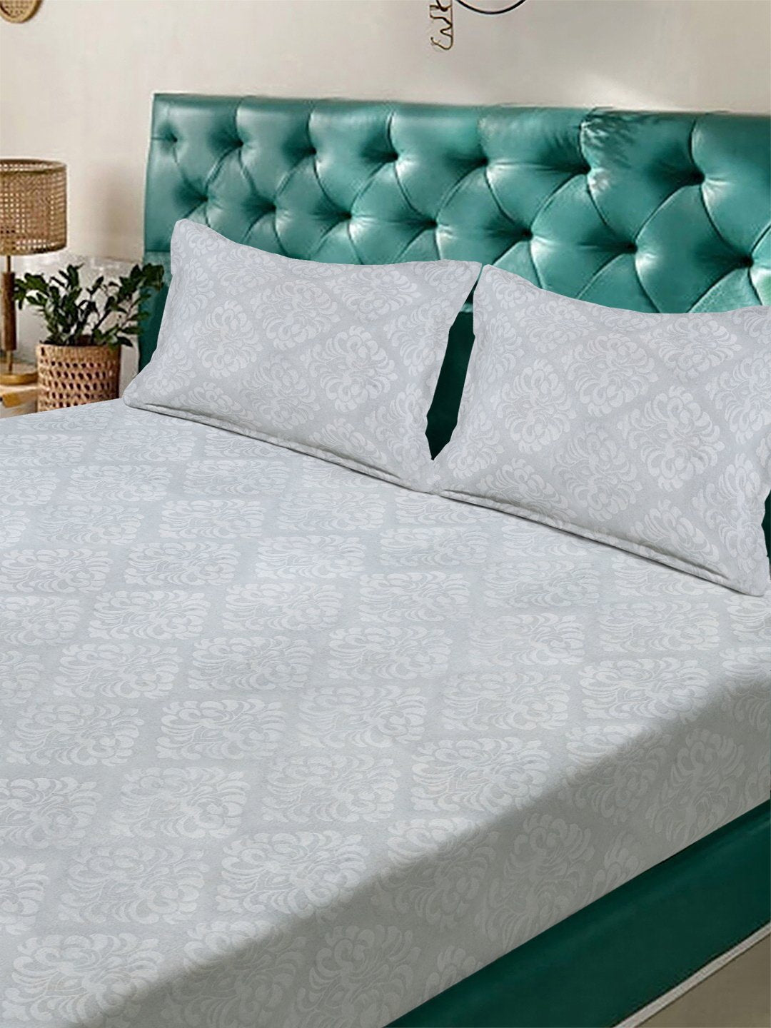 Grey Floral Embossed Cotton Blend Double Bedsheet with 2 Pillow Covers