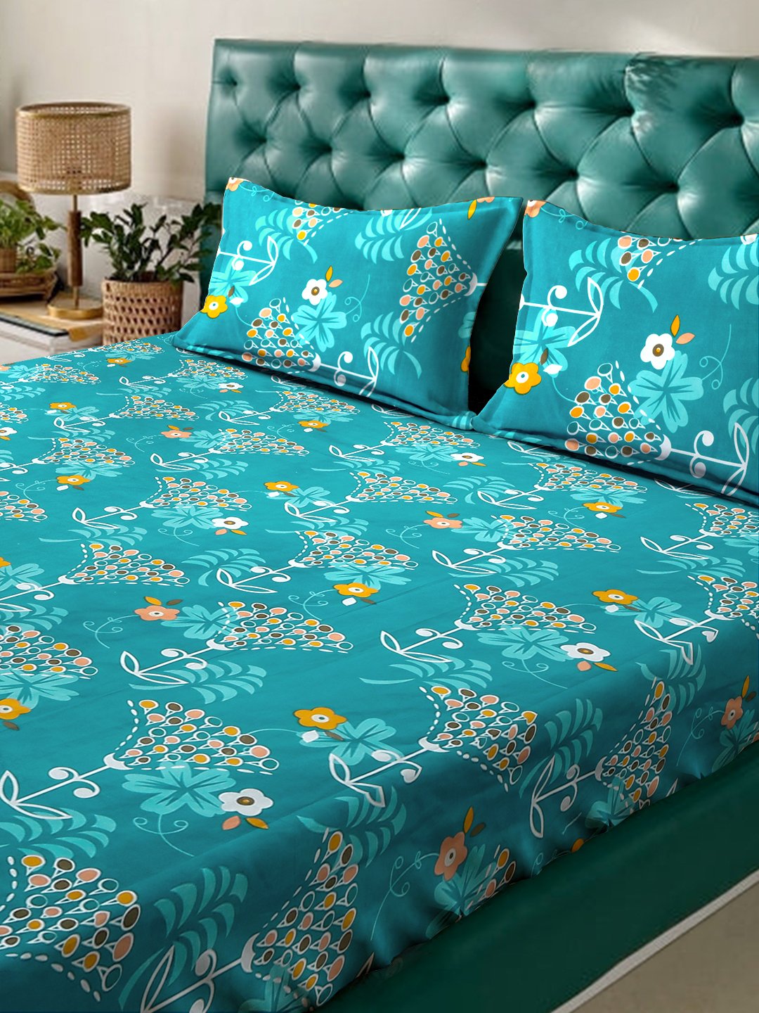 Green Floral 300 TC Cotton Blend Fitted Double Bedsheet with 2 Pillow Covers