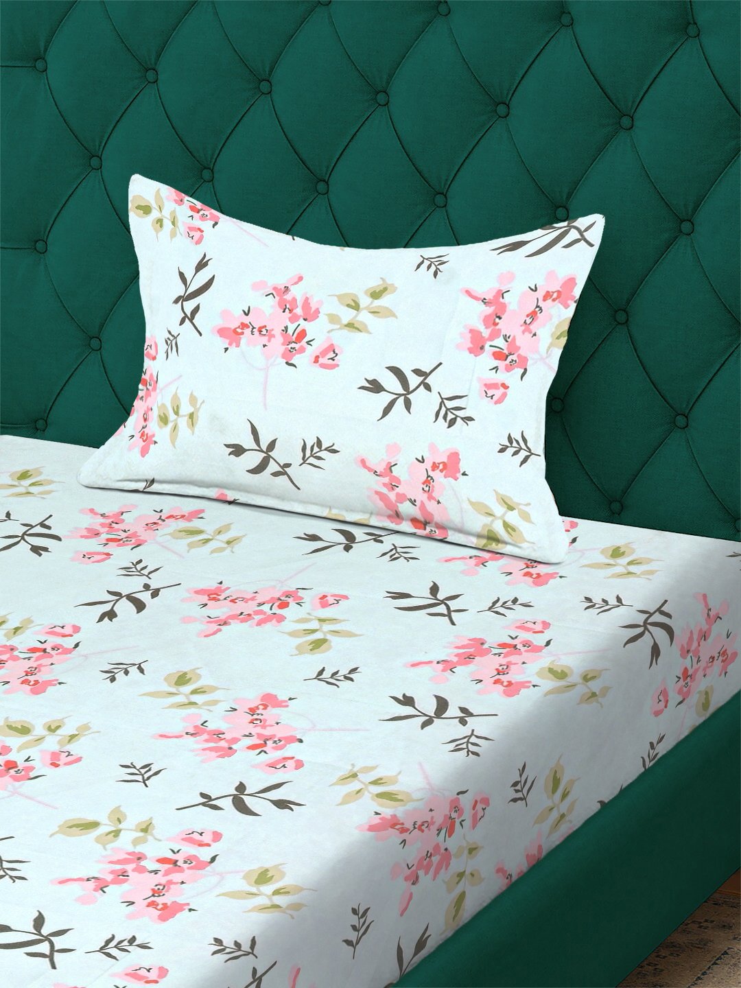Green Floral 300 TC Cotton Blend Fitted Single Bedsheet with Pillow Cover